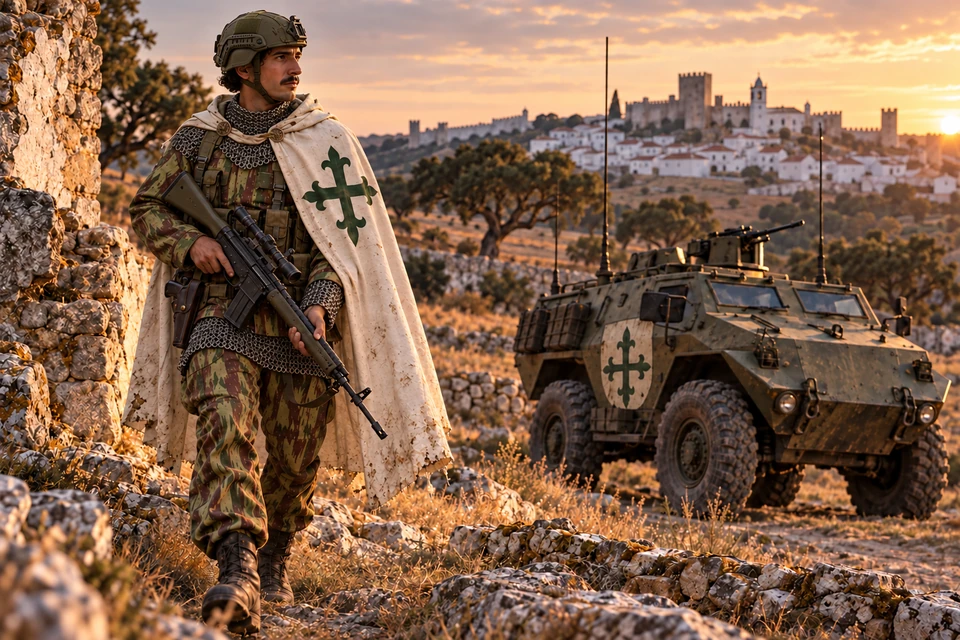Concept Art: Avizorden, An der Mauer im Alentejo; Portugiesisches M1964-Lizard mit senkrechten Streifen, FMP G3 und Chaimite V200, fiktive Szene um 1984. Mit Kettengeflecht, Zielfernrohr, Pistole im Holster und Ordenszeichen am Fahrzeug.
