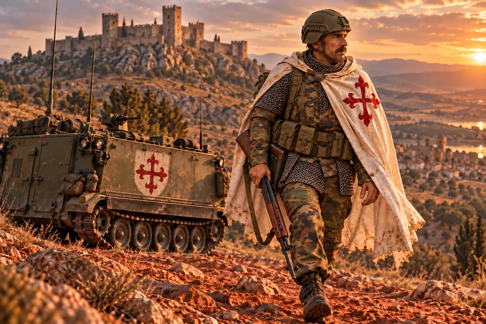 Concept Art: Calatravaorden, Der Weg durch rote Erde; Spanisches M1982-Blatt-Tarnmuster, CETME Modelo C und M113, fiktive Szene um 1986. Mit Kettengeflecht, Zielfernrohr, Pistole im Holster und Ordenszeichen am Fahrzeug.