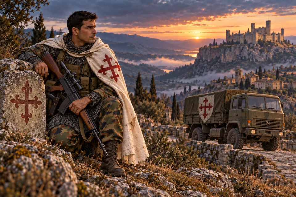 Concept Art: Calatravaorden, Die Hochebene; Spanisches M1982-Blatt-Tarnmuster, CETME Modelo C und Pegaso 3045, fiktive Szene um 1989. Mit Kettengeflecht, Zielfernrohr, Pistole im Holster und Ordenszeichen am Fahrzeug.