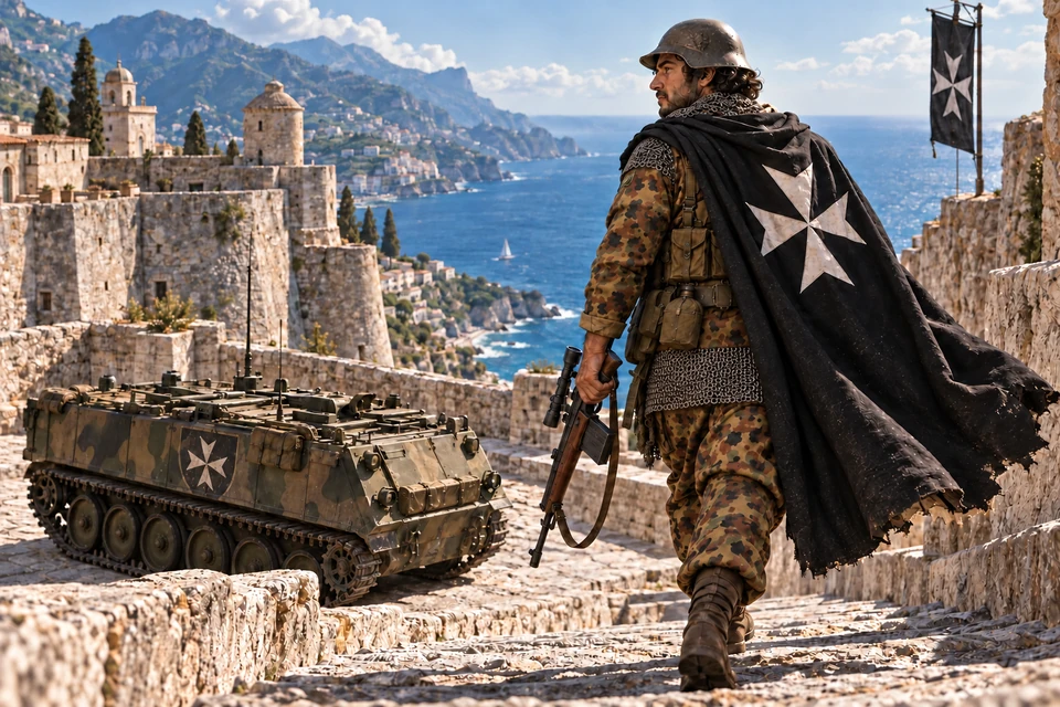 Concept Art: Johanniter, An der Küstenrampe; Italienisches Telo mimetico der M1929-Nachkriegsfamilie, Beretta BM59 und VCC-1, fiktive Szene um 1980. Mit Kettengeflecht, Zielfernrohr, Pistole im Holster und Ordenszeichen am Fahrzeug.