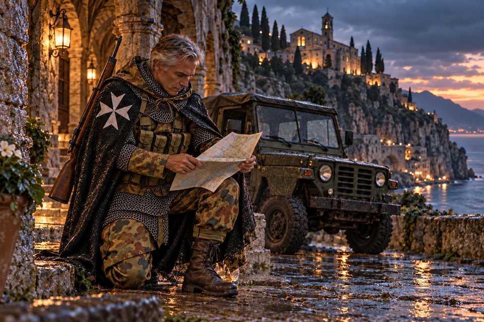 Concept Art: Johanniter, Die Karte am Abend; Italienisches Telo mimetico der M1929-Nachkriegsfamilie, Beretta BM59 und Fiat AR76 Campagnola, fiktive Szene um 1985. Mit Kettengeflecht, Zielfernrohr, Pistole im Holster und Ordenszeichen am Fahrzeug.