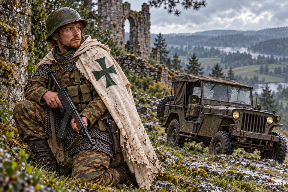 Concept Art: Lazarusorden, Zwischen Kiefern; Französisches TAP47-Lizard, MAT-49 und Hotchkiss M201, fiktive Szene um 1973. Mit Kettengeflecht, Zielfernrohr, Pistole im Holster und Ordenszeichen am Fahrzeug.