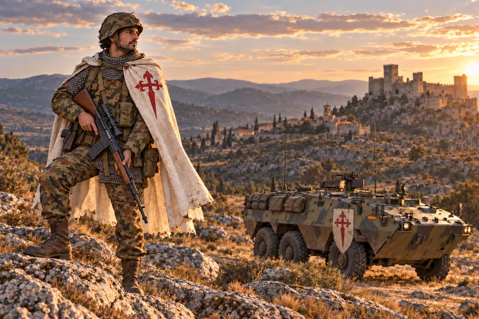 Concept Art: Santiagoorden, Der Granitrücken; Spanisches M1982-Blatt-Tarnmuster, CETME Modelo C und BMR-600, fiktive Szene um 1988. Mit Kettengeflecht, Zielfernrohr, Pistole im Holster und Ordenszeichen am Fahrzeug.