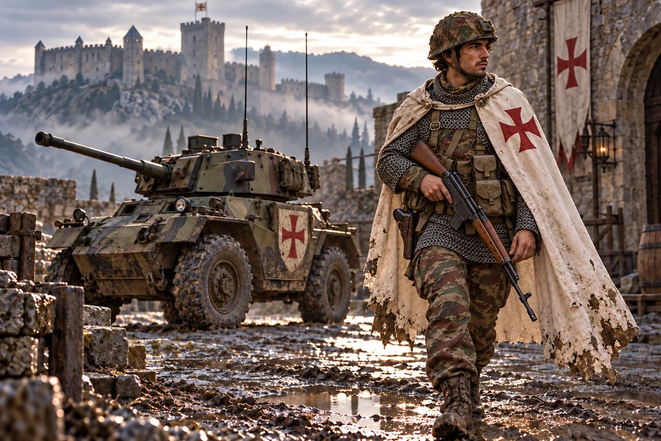 Concept Art: Templer, Wache im Burghof; Französisches TAP47-Lizard, MAS-49/56 und Panhard AML-90, fiktive Szene um 1973. Mit Kettengeflecht, Zielfernrohr, Pistole im Holster und Ordenszeichen am Fahrzeug.