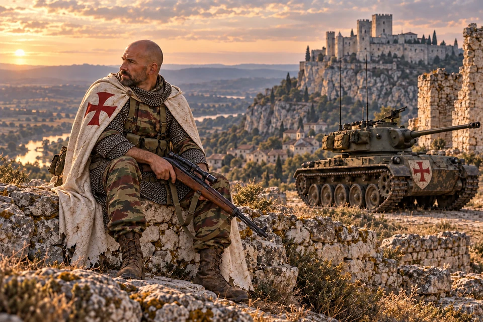 Concept Art: Templer, Über dem Tal; Französisches TAP47-Lizard, MAS-49/56 und AMX-13, fiktive Szene um 1974. Mit Kettengeflecht, Zielfernrohr, Pistole im Holster und Ordenszeichen am Fahrzeug.