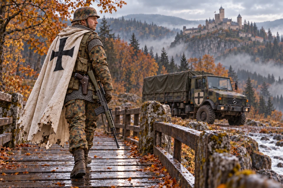 Concept Art: Deutscher Orden, Die Waldbrücke; Deutscher Fünffarb-Flecktarn, G3A3 und Unimog U1300L, fiktive Szene um 1988. Mit Kettengeflecht, Zielfernrohr, Pistole im Holster und Ordenszeichen am Fahrzeug.