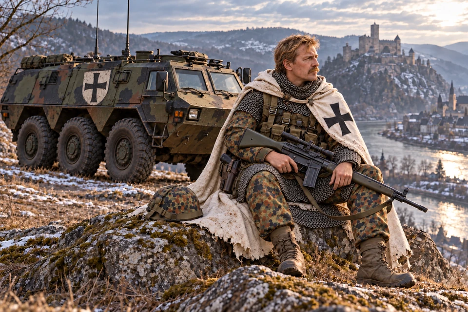 Concept Art: Deutscher Orden, Wache am Fluss; Deutscher Fünffarb-Flecktarn, G3A3 und Fuchs 6×6, fiktive Szene um 1988. Mit Kettengeflecht, Zielfernrohr, Pistole im Holster und Ordenszeichen am Fahrzeug.