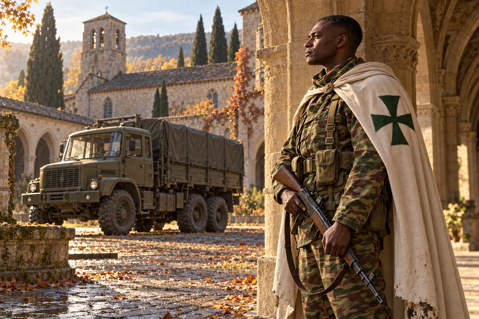 Concept Art: Lazarusorden, Der Klosterbogen; Französisches TAP47-Lizard, MAS-49/56 und Berliet GBC8KT, fiktive Szene um 1974.
