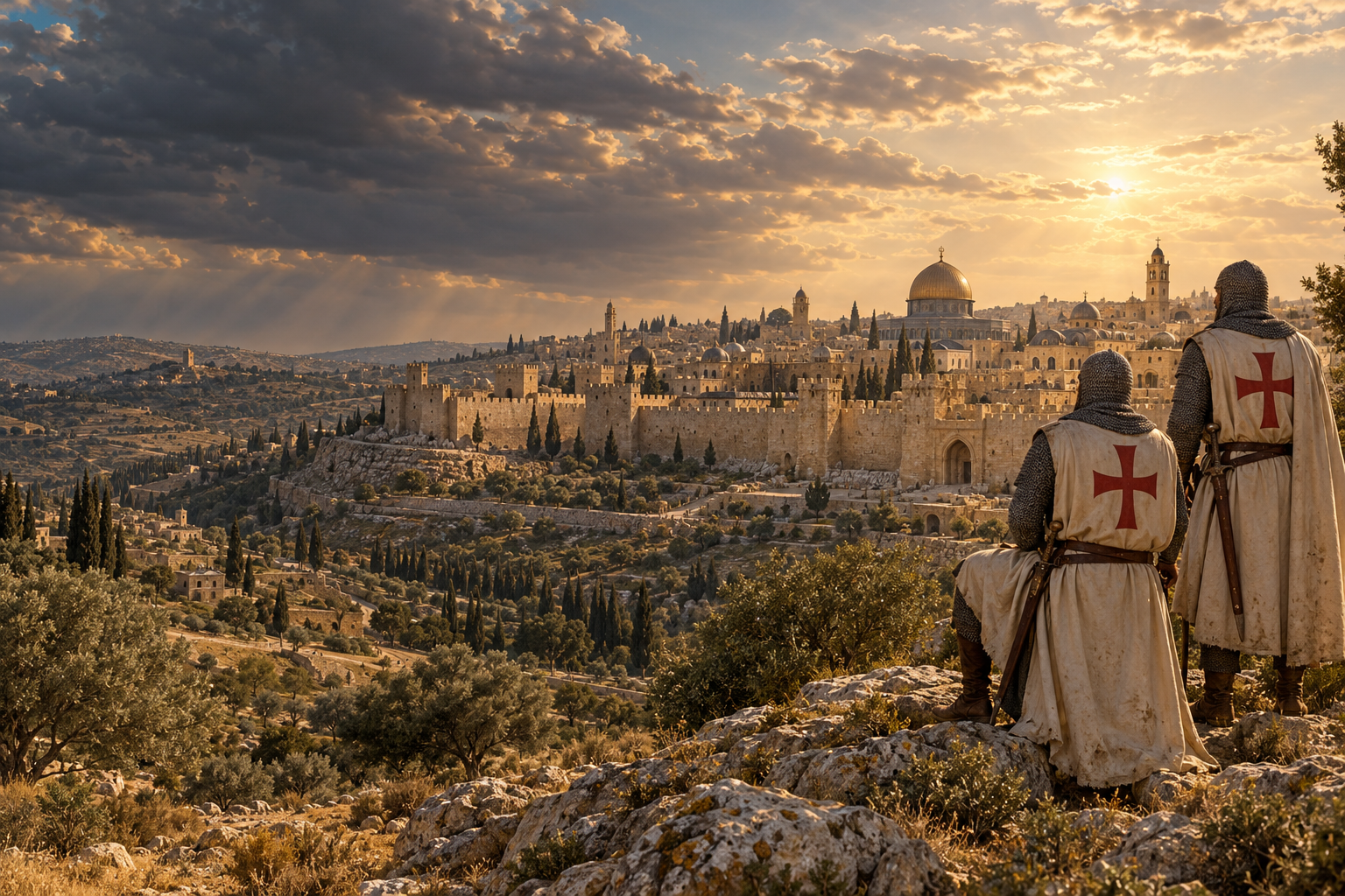 Artistic reconstruction of knights overlooking medieval Jerusalem