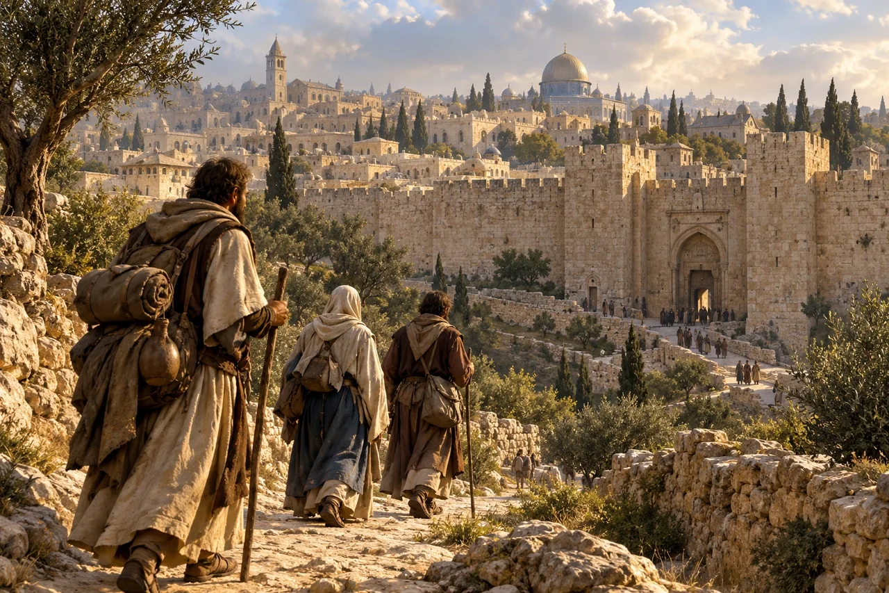 Künstlerische Darstellung des mittelalterlichen Jerusalem, keine dokumentarische Rekonstruktion