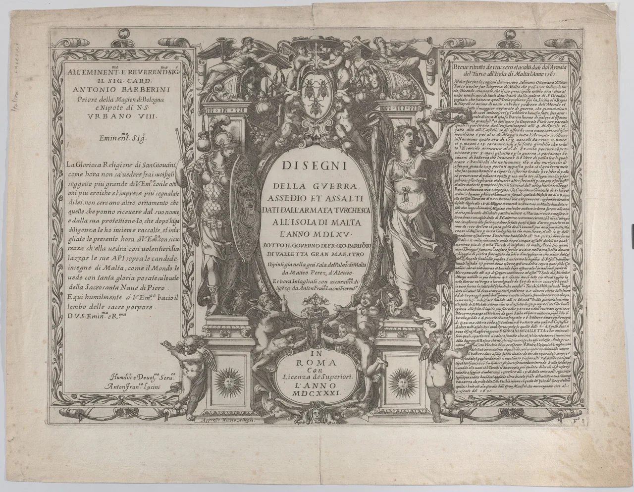 Reich verziertes gestochenes Titelblatt einer illustrierten Geschichte der Belagerung Maltas von 1631, eingerahmt von Kriegerfiguren und Waffen