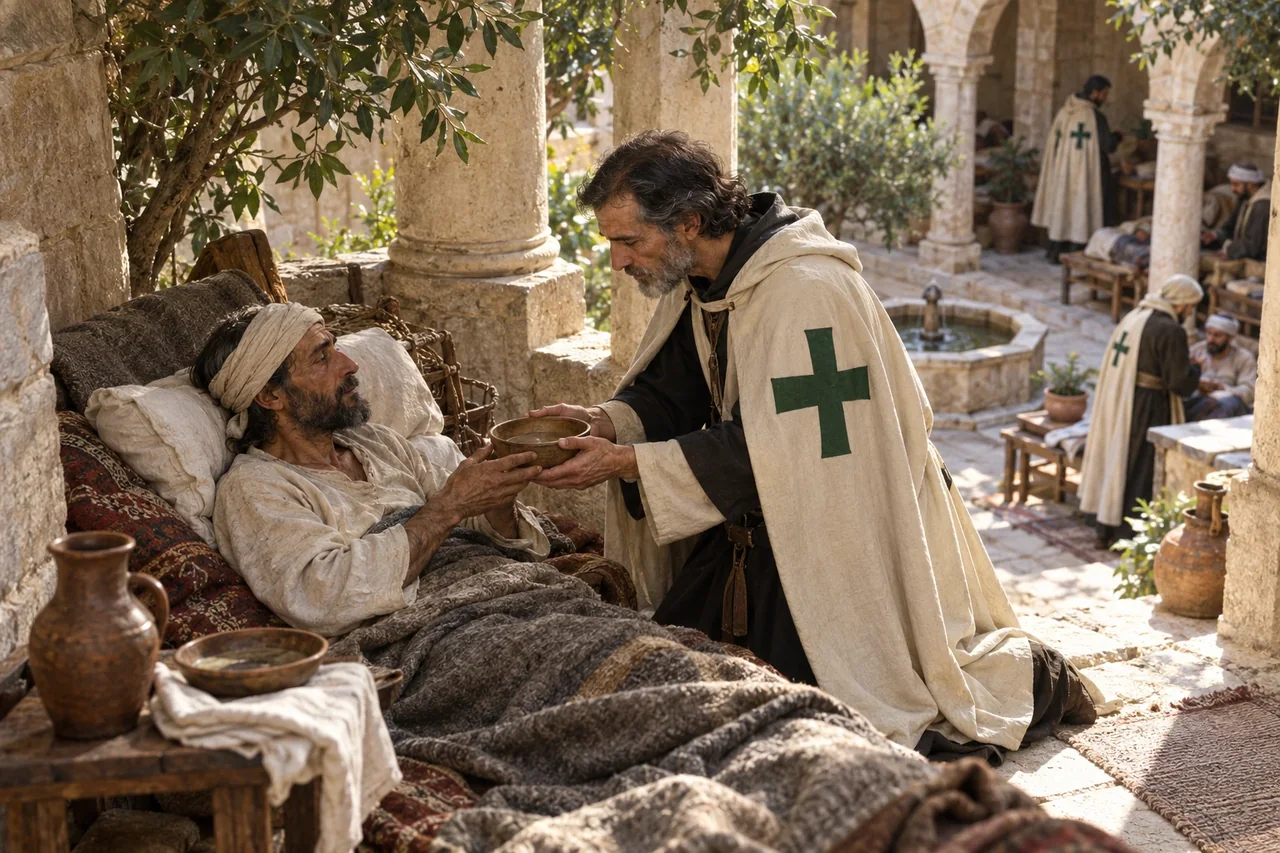 Bruder des Lazarusordens kniet in einem Hospitalhof und reicht einem Patienten Wasser